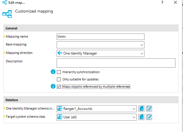 Edit map... Customized mapping Mappirrg name aase mapping Mappirrg directon Description Users One Identity Manager O Hierarcfwsynchronization Onlysuitable for updates Mapsobjects referenced refereres. One Identity Manager schema cl... Ta system schema class Rangerl Accounts user (all) 